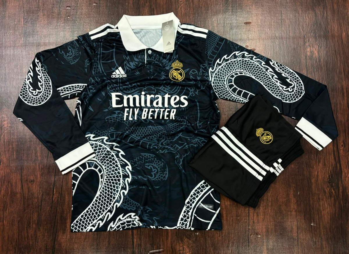 Real Madrid Black with White dragon Full Sleeves Jersey with Shorts (Fan Version)